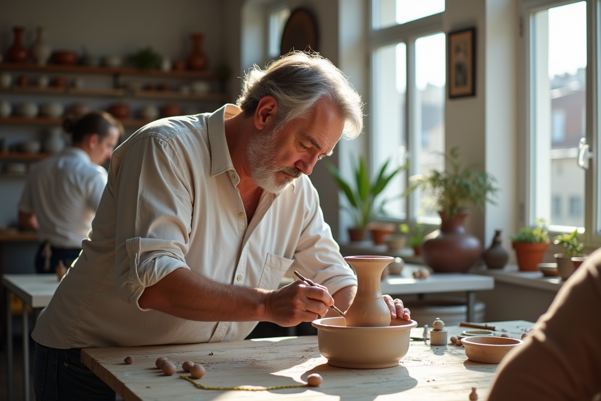Homme peignant un vase en céramique dans un atelier lumineux