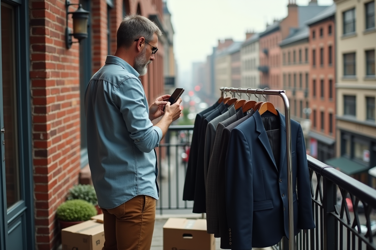 Homme photographie une veste sur un balcon urbain