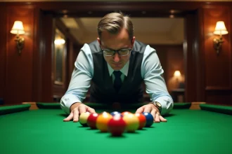 Homme d'âge moyen arrangeant des billes de billard dans un hall élégant