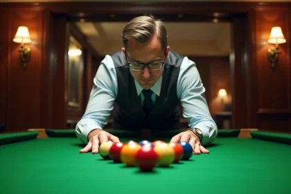 Homme d'âge moyen arrangeant des billes de billard dans un hall élégant