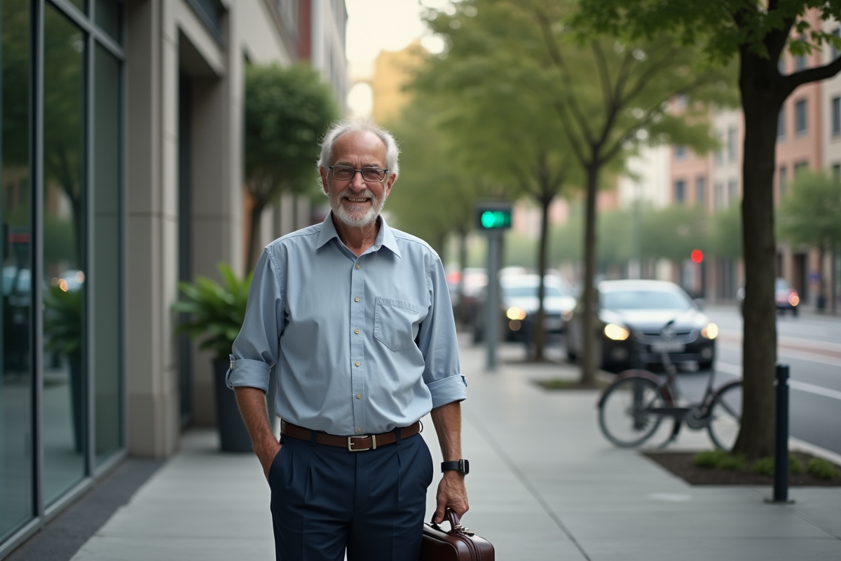 Homme senior souriant devant un bâtiment de bureau en ville