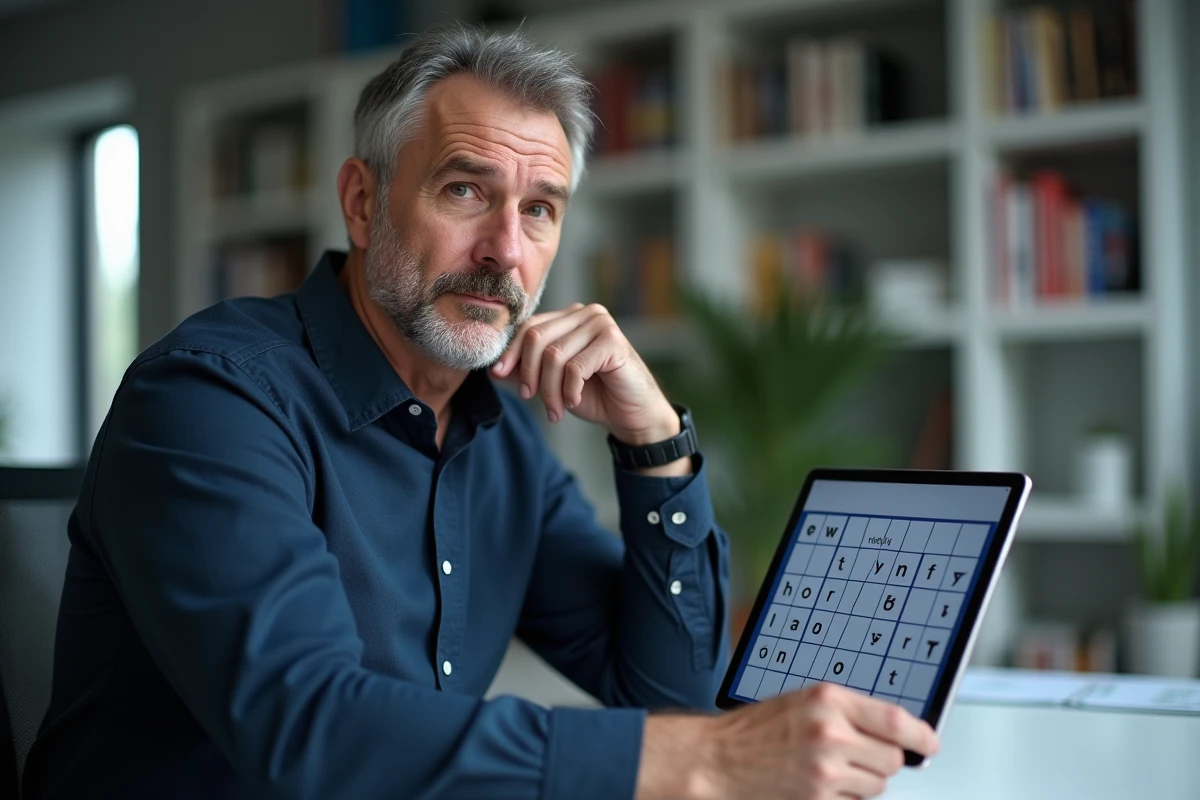 Homme cherchant la solution d'un mot de 9 lettres sur une tablette numérique