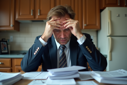 Homme d'âge moyen anxieux devant ses factures impayées