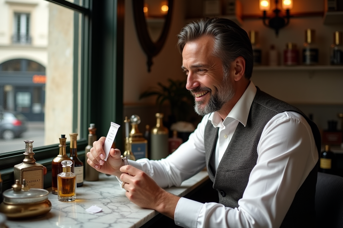 Homme sentant un test de parfum dans un atelier élégant