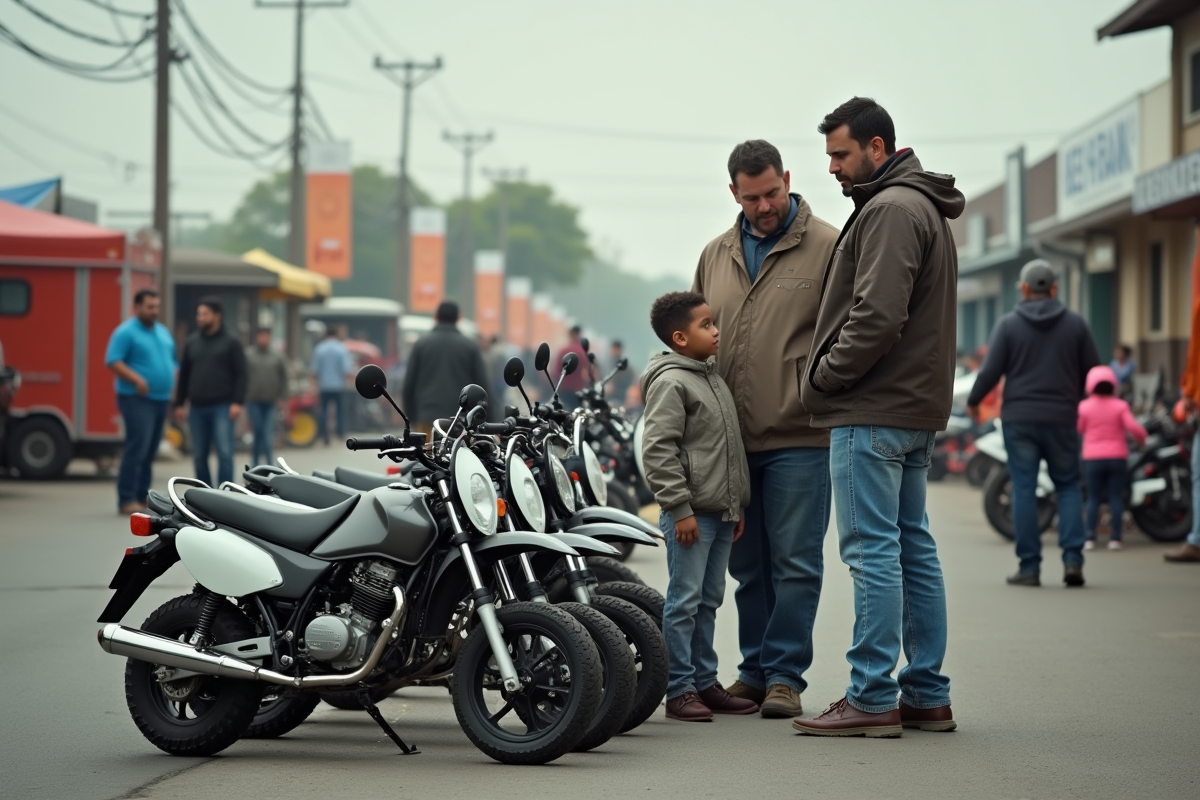 Homme discutant avec un autre adulte devant motos d