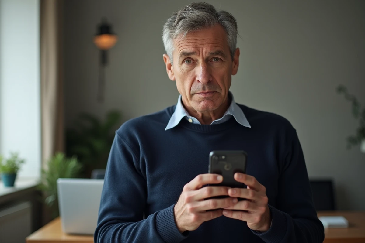 Homme tenant un vieux smartphone avec un message d'erreur réseau dans un bureau moderne