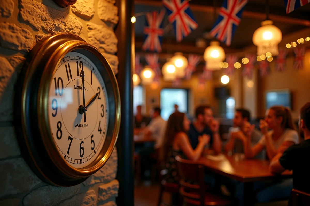 Horloge analogique indiquant minuit dans un pub de Sydney décoré pour le Nouvel An 2026