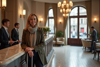 Femme détendue à la réception d'un hôtel parisien