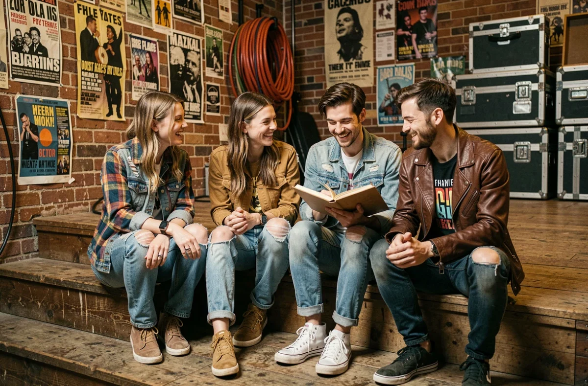 Les membres de Hyphen Hyphen en coulisses d'une salle de concert, assis sur des marches en bois usé entourés d'affiches de tournée