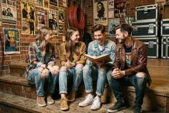 Les membres de Hyphen Hyphen en coulisses d'une salle de concert, assis sur des marches en bois usé entourés d'affiches de tournée