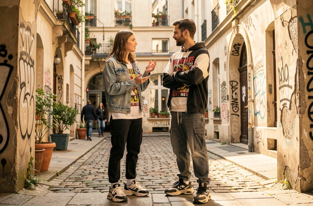 Deux membres de Hyphen Hyphen en pleine conversation dans une cour intérieure parisienne aux pavés anciens et murs en pierre