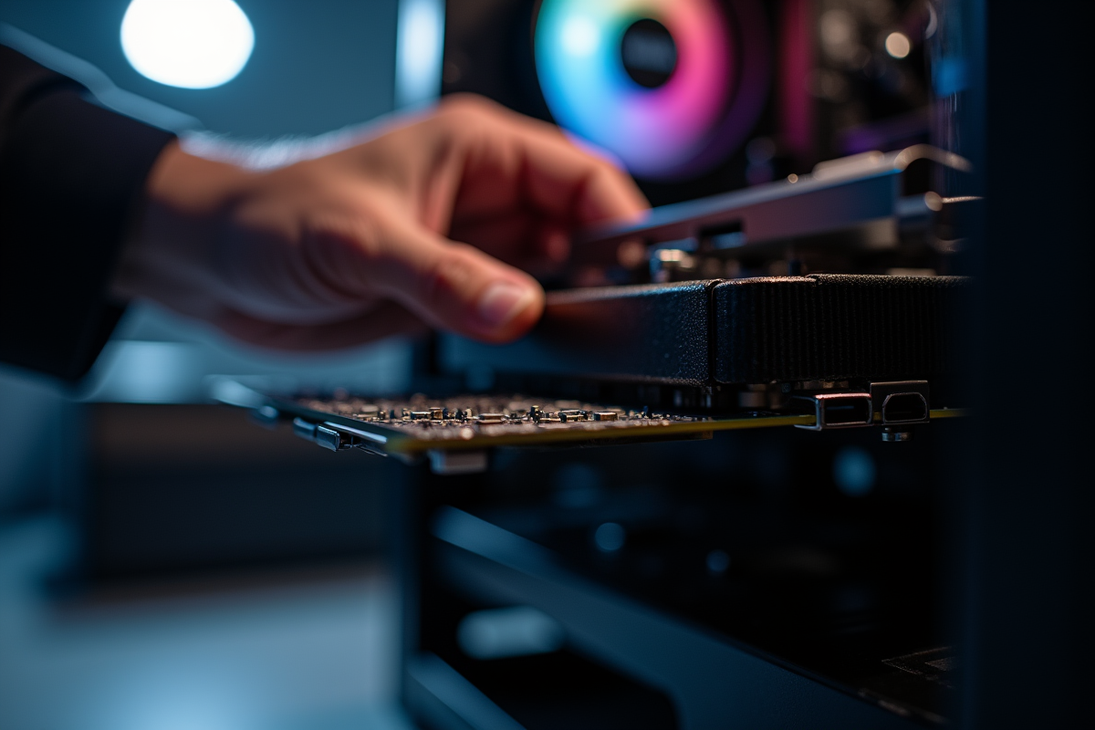 Main installant une carte graphique dans un PC en gros plan
