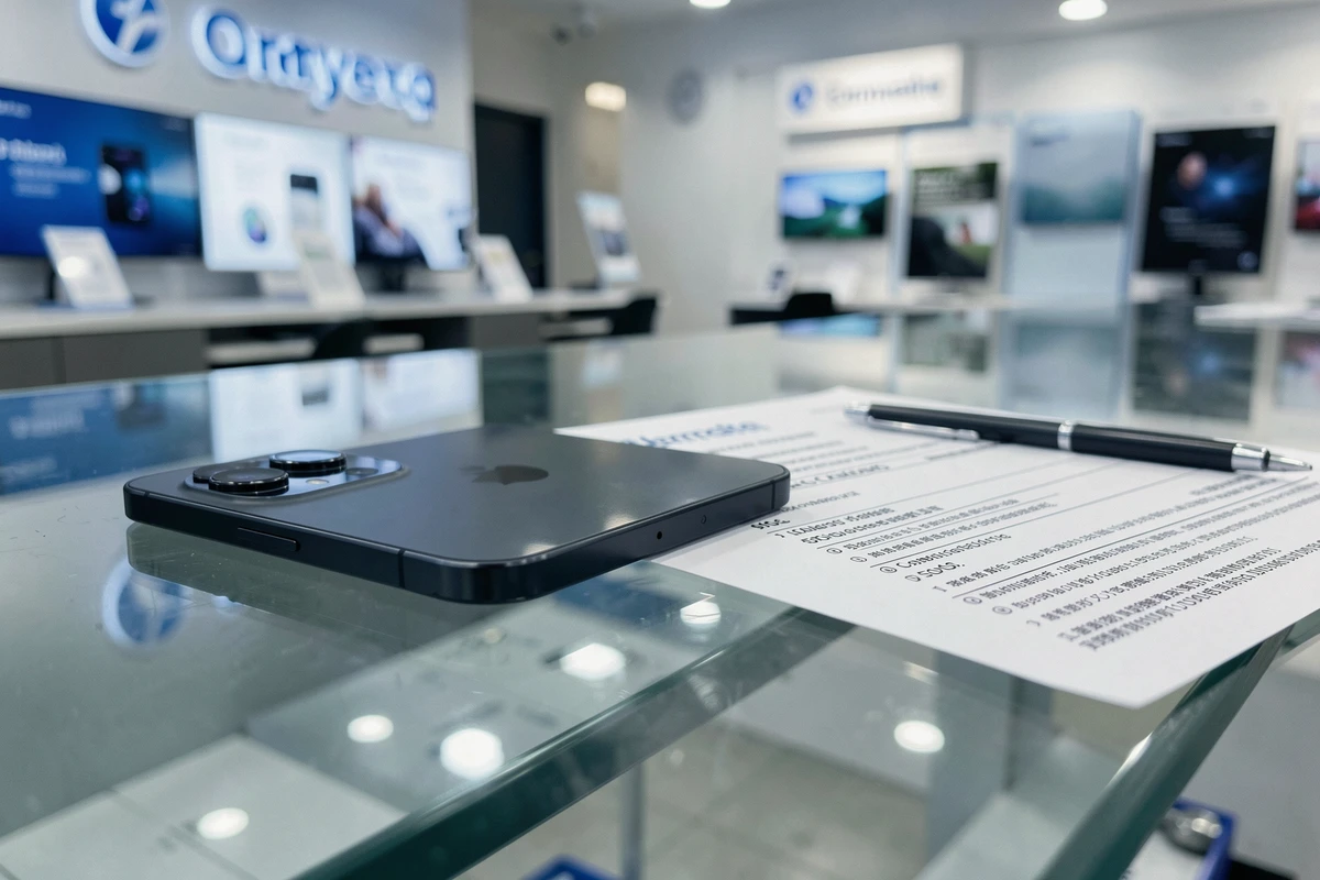 iPhone 14 noir posé sur un comptoir à côté d'un contrat de forfait 5G dans une boutique opérateur