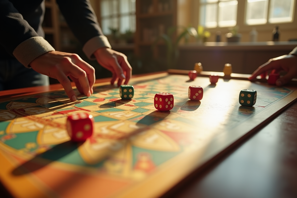 Plateau de jeu de l oie sur table en bois avec dés et pions