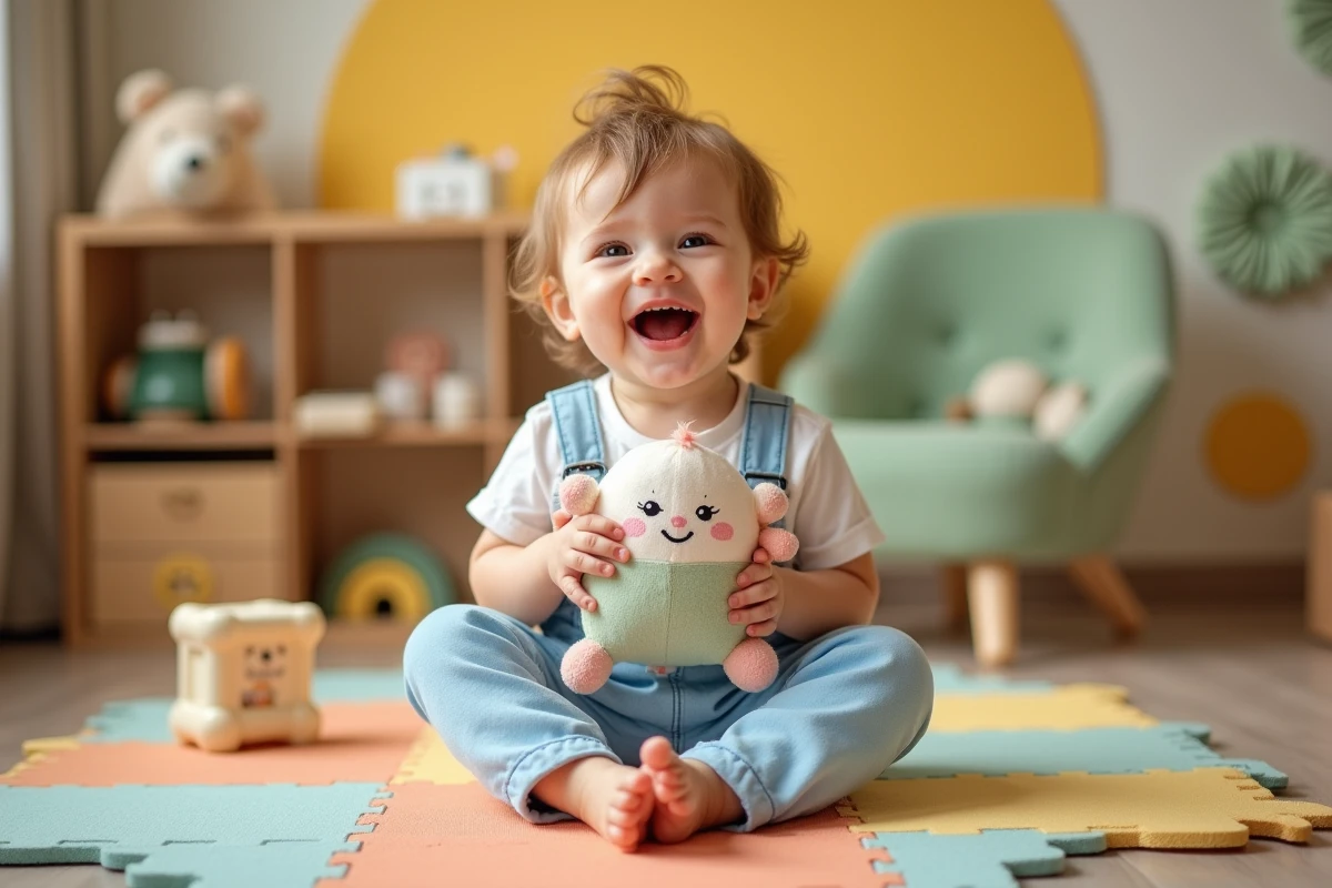 Tout-petit joyeux tenant une peluche expressive sur un tapis de jeu coloré dans une chambre d'enfant cosy