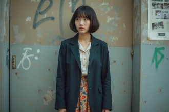 Jeune adulte en costume et jupe colorée devant un mur urbain