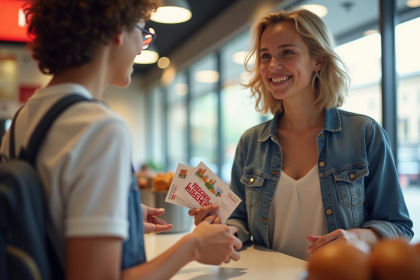 Jeune adulte payant avec vouchers vacances françaises chez Burger King