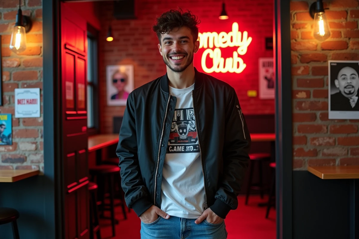 Jeune comedien français posant devant un club de comédie