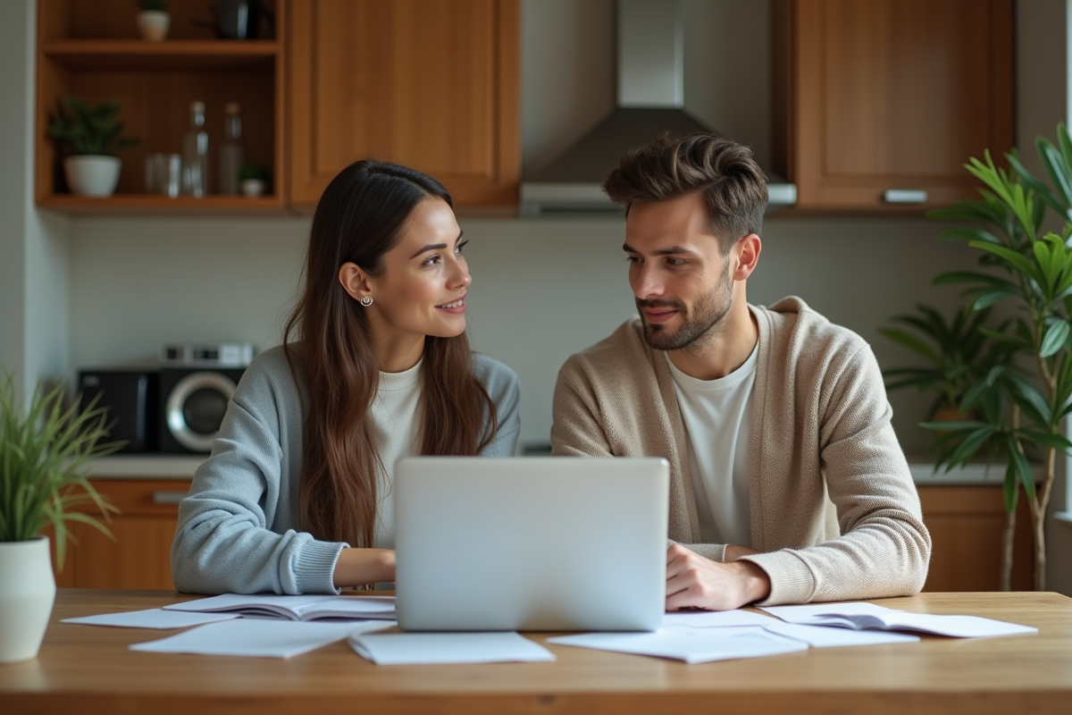 Jeune couple discutant options de prêt immobilier à la maison