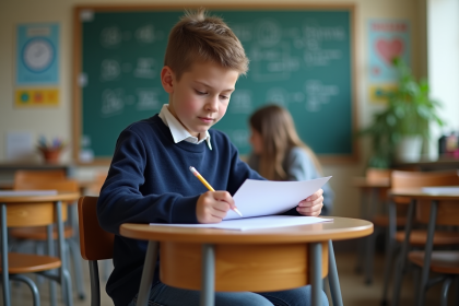 Garçon français de 12 ans en classe avec son rapport