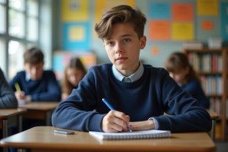 Jeune garçon concentré en classe avec cahier et posters