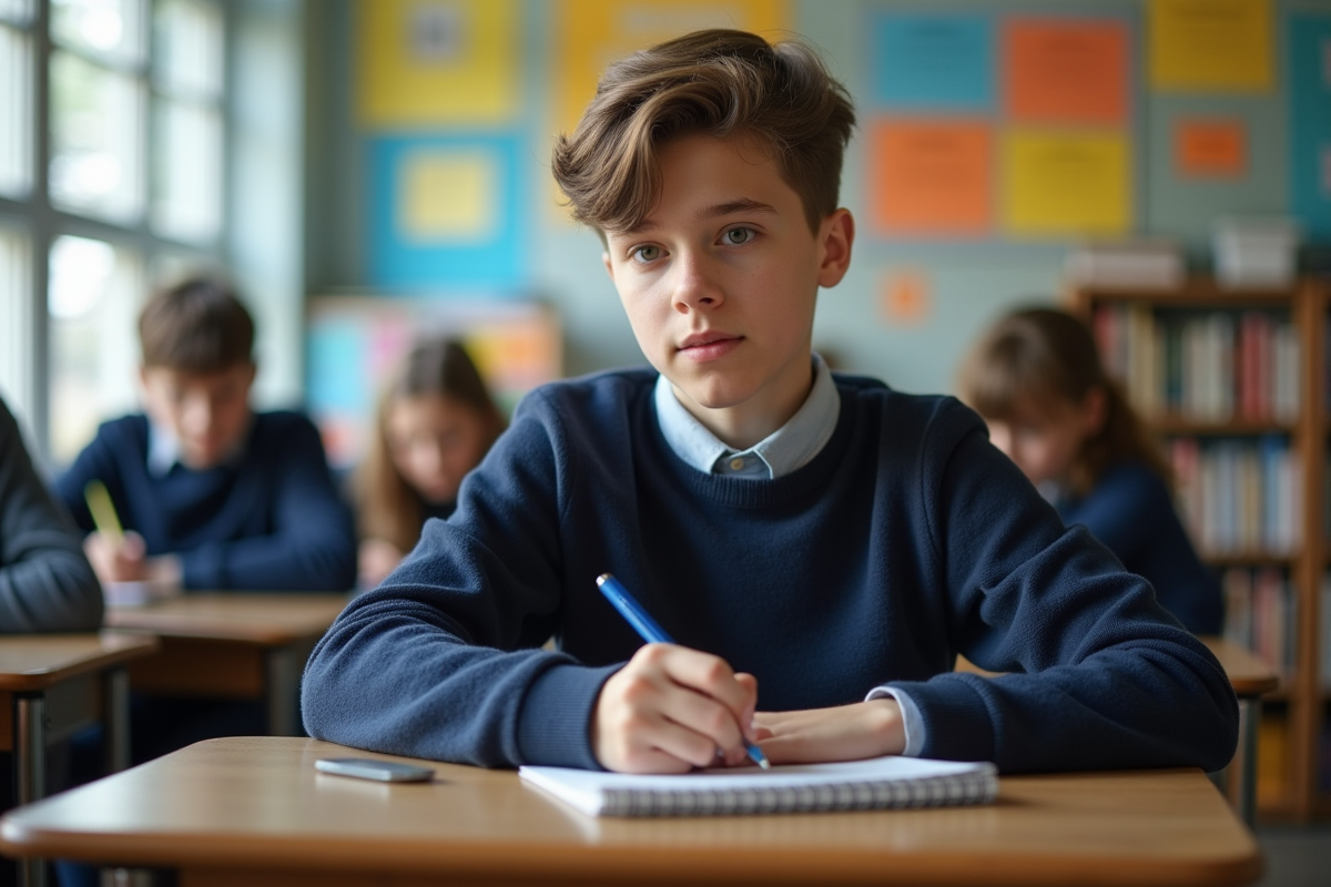 Jeune garçon concentré en classe avec cahier et posters