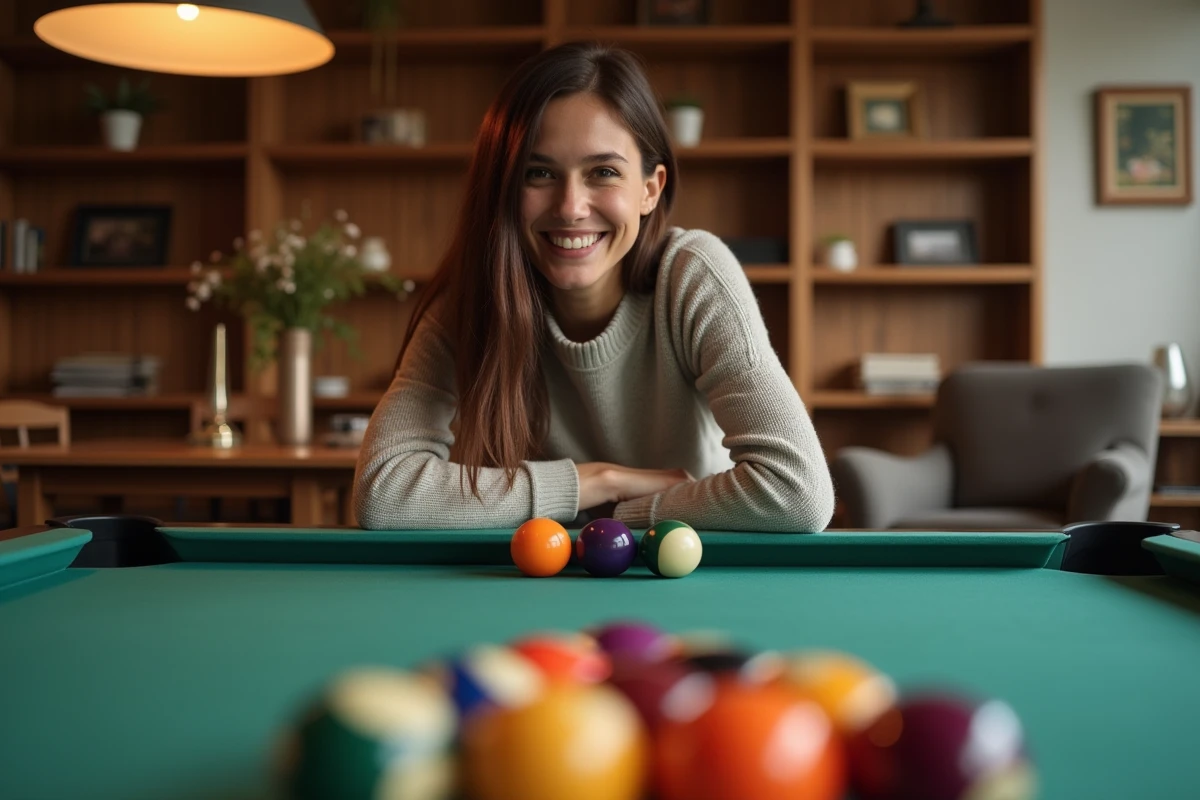 Jeune femme souriante jouant au billard dans une salle cosy