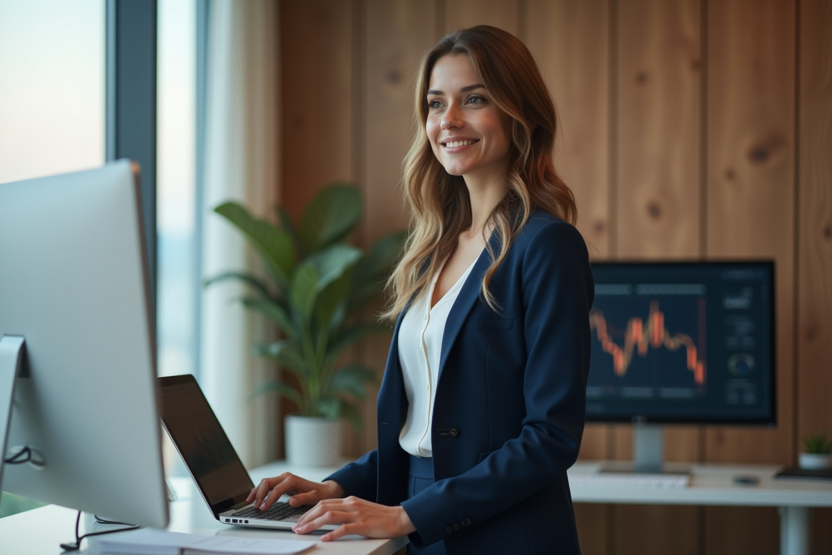 Jeune femme executive analysant des données dans un bureau moderne
