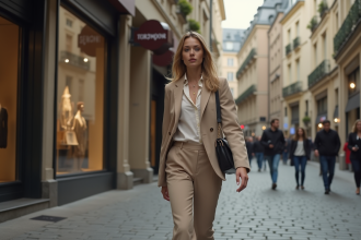 Jeune femme élégante en mode urbaine dans une rue européenne