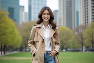 Jeune femme en trench beige dans un parc urbain