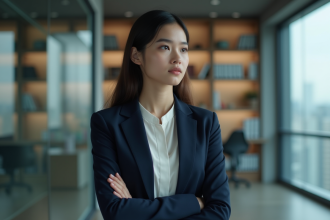 Jeune femme en blazer navy dans un bureau moderne