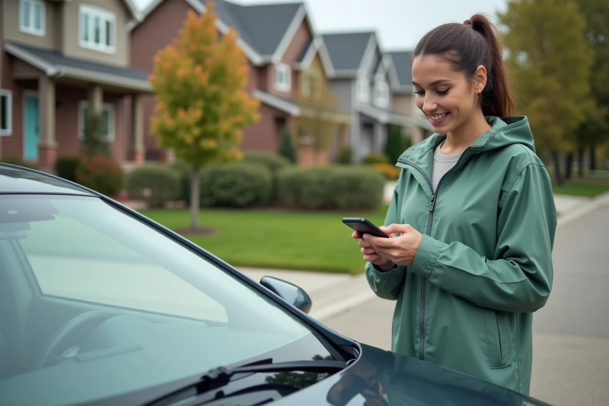 Jeune femme en veste verte comparant essuie-glaces devant sa voiture