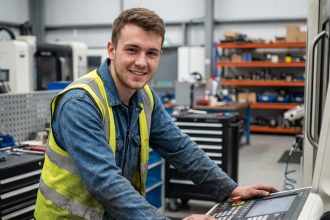 Jeune homme en overalls inspectant un panneau digital dans une usine