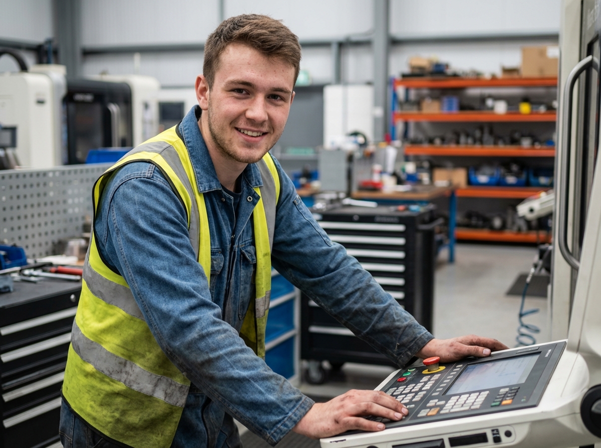 Jeune homme en overalls inspectant un panneau digital dans une usine