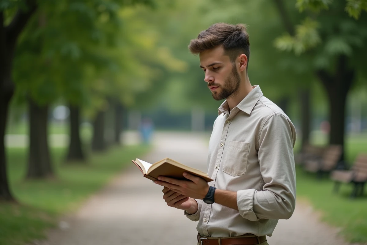 Jeune homme lisant une citation dans un parc calme
