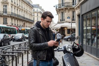 Jeune homme en moto à Paris vérifiant son smartphone