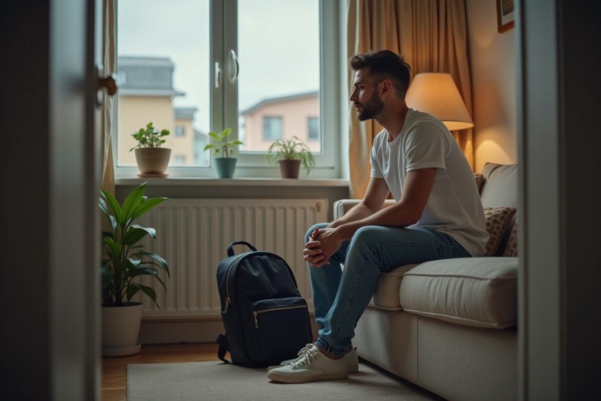 Jeune homme assis dans un salon modeste avec un sac à dos