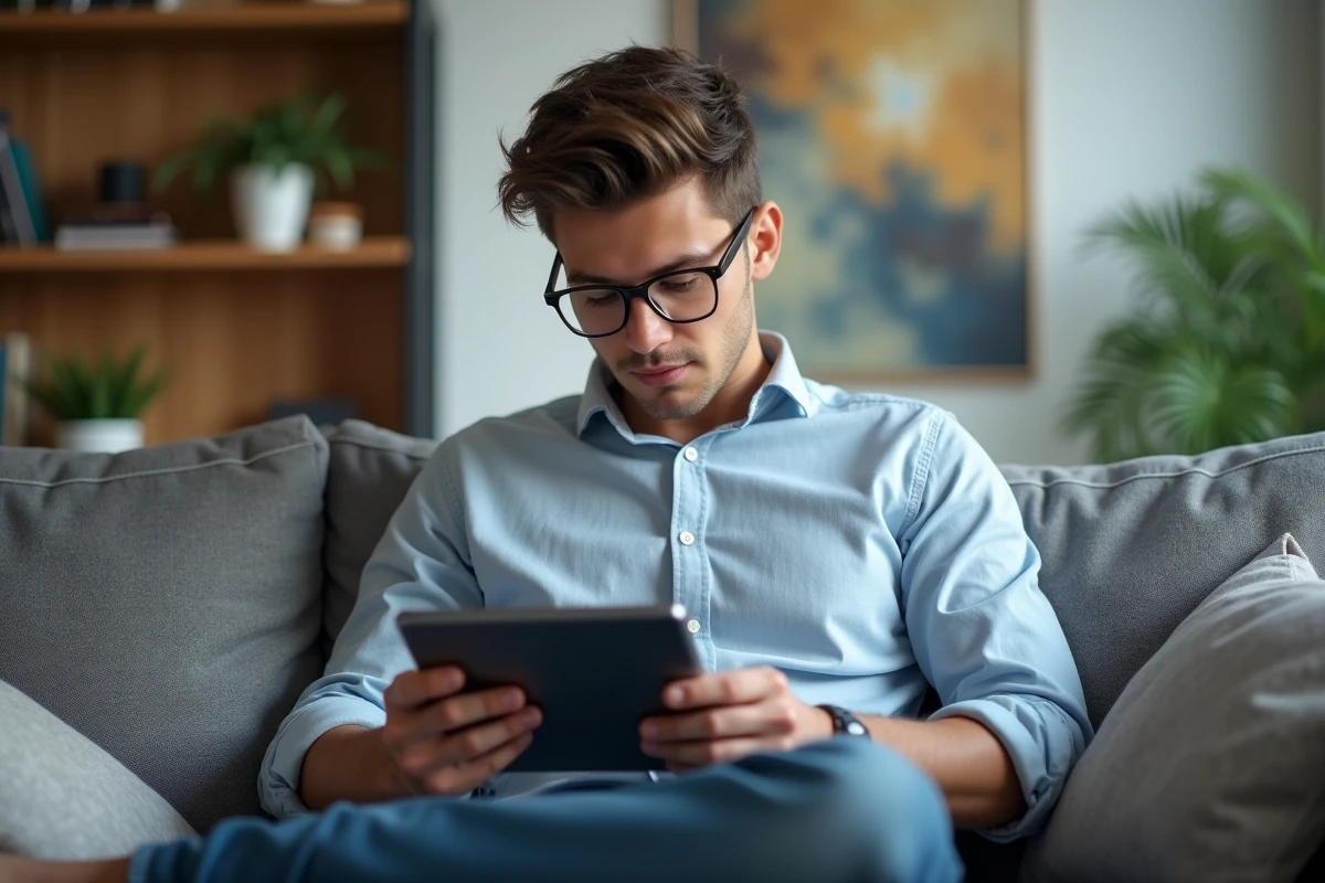 Jeune homme regardant les résultats de loterie sur une tablette dans le salon