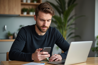 Jeune homme faisant une transaction sur smartphone dans une cuisine moderne