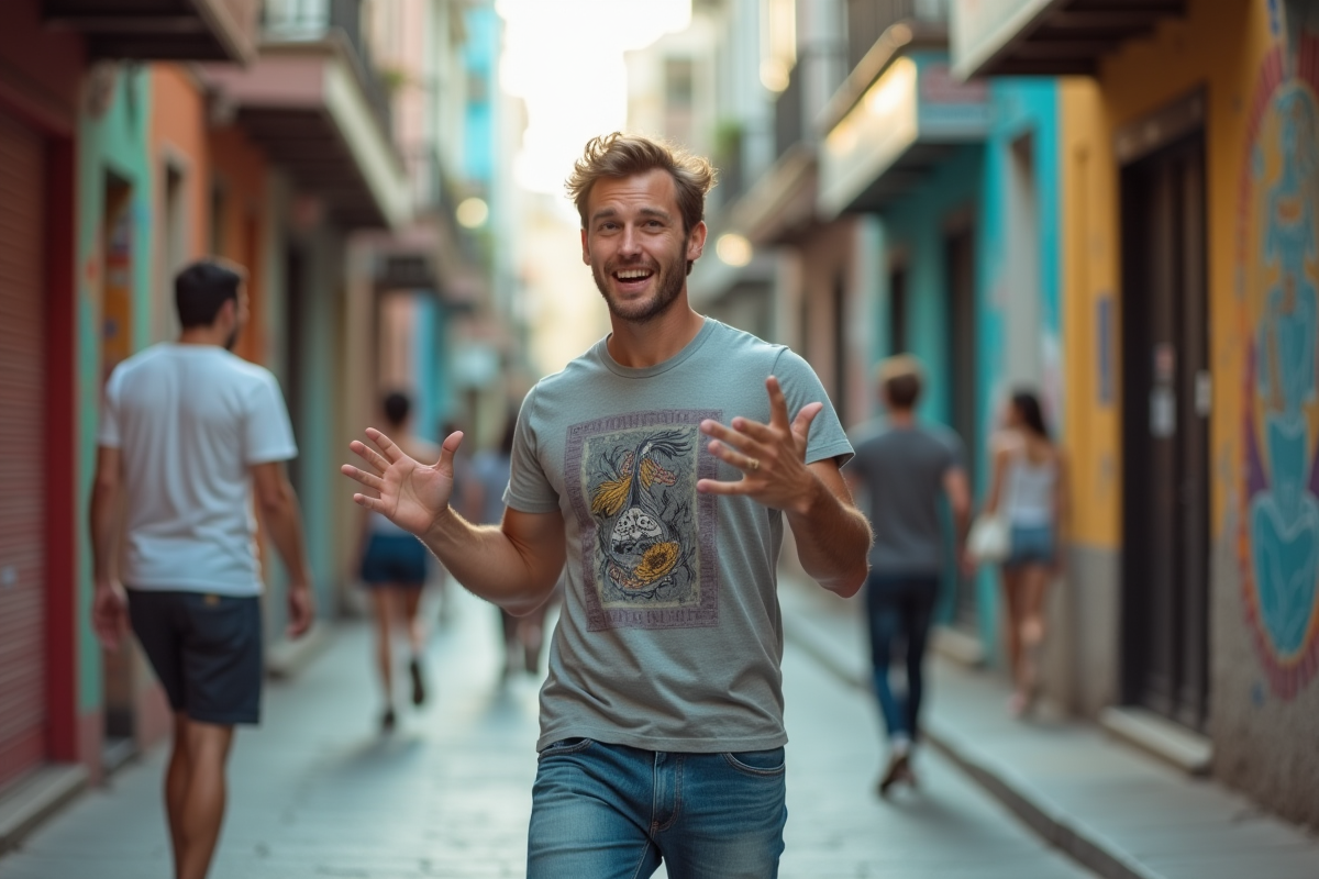 Jeune homme dynamique dans la rue urbaine colorée