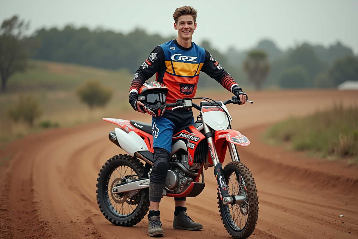 Jeune rider motocross avec CRZ 125 en terrain accidenté
