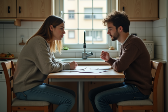 Jeunes adultes discutant avec papiers dans une cuisine urbaine