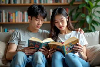 Jeune couple lisant des manhwa dans un salon cosy