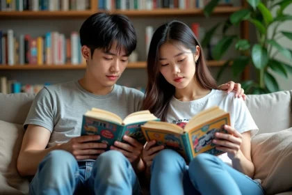 Jeune couple lisant des manhwa dans un salon cosy