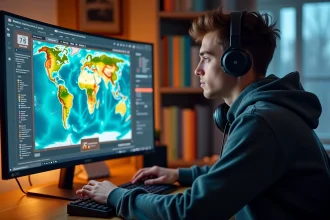 Joueur adulte analysant une carte d'expérience optimisée sur un RPG fantasy en 2026 depuis son bureau gaming