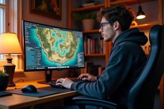 Joueur adulte concentré devant un écran affichant l'interface du jeu Dofus, assis à un bureau en bois dans un bureau à domicile chaleureux