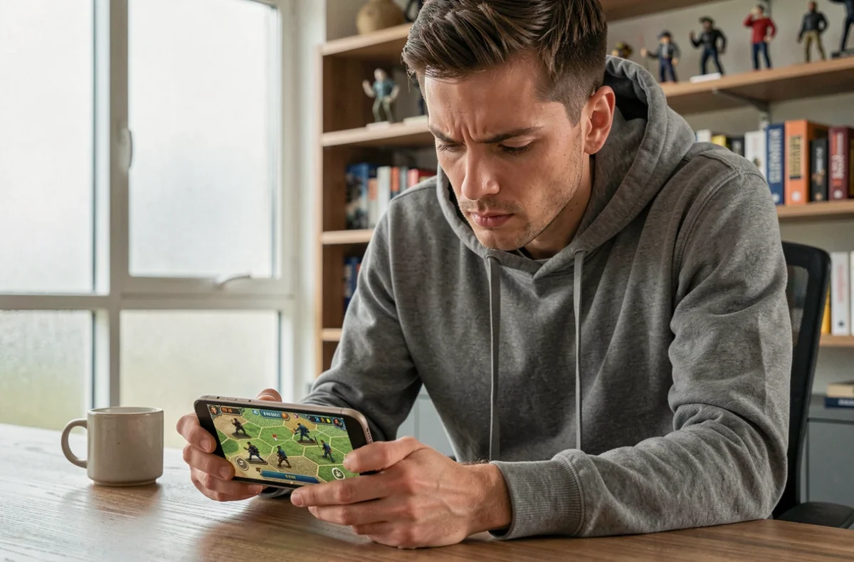 Homme concentré jouant à un jeu de stratégie militaire sur smartphone dans un bureau moderne