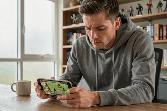 Homme concentré jouant à un jeu de stratégie militaire sur smartphone dans un bureau moderne