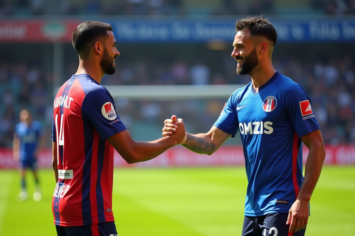 Joueurs de football se serrant la main sur le terrain