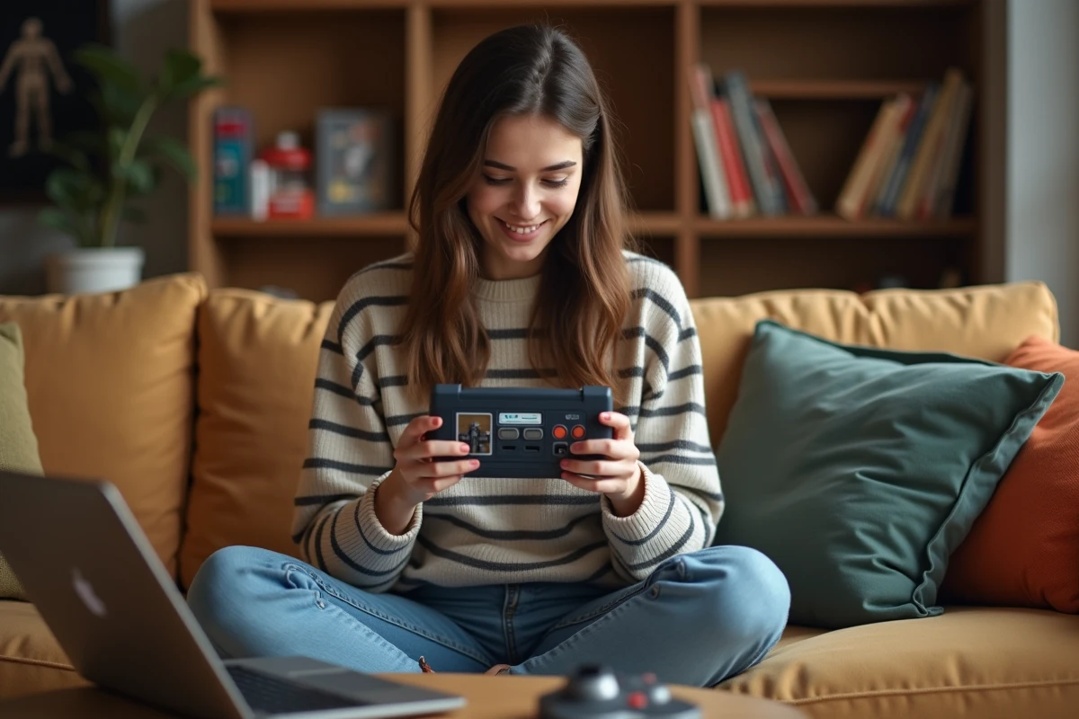 Jeune femme jouant sur une console portable retrogaming personnalisée dans un salon cosy